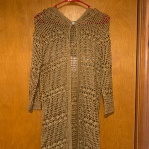 Sisters Brand Tan Mesh Crochet Maxi Cardigan - Open Knit Duster - Size S